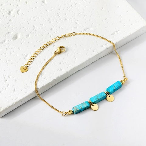 Retro Bohemian Anklet Stainless Steel Gold Plated Rectangular Stone Beads Round Disc Charms Heart Pendant Adjustable Jewelry For Women
