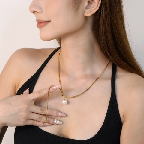 Y-Shaped Lariat Necklace 304 Stainless Steel Shell Artificial Pearl Pendant Adjustable Slider Snake Chain Elegant For Women