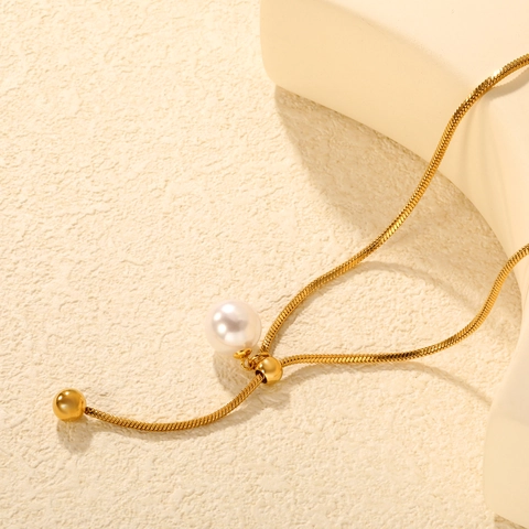 Y-Shaped Lariat Necklace 304 Stainless Steel Shell Artificial Pearl Pendant Adjustable Slider Snake Chain Elegant For Women