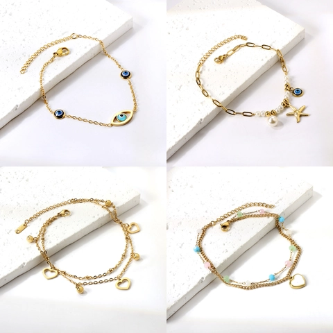 Evil Eye Heart Starfish Artificial Pearl Anklet Stainless Steel Gold Plated Foot Chain For Women Boho Summer Beach Jewelry