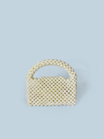 Handmade Beaded Handbag Faux Artificial Pearl Woven Purse Elegant Vintage Small Square Tote Bag For Women Creamy White
