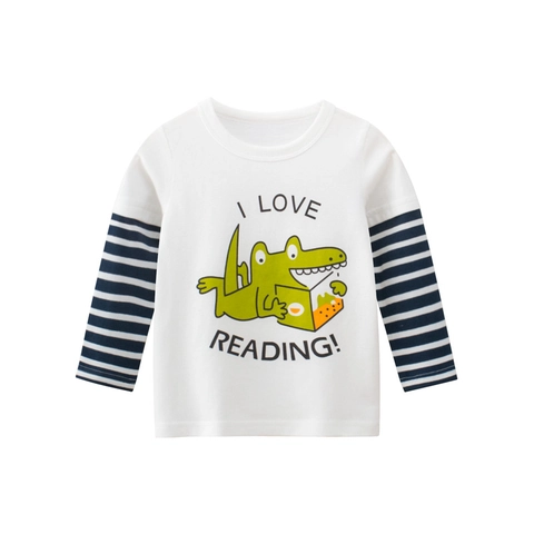 Jungen Langarm T-Shirt Reine Baumwolle Gestreifte Ärmel Cartoon Krokodil Print I Love Reading Lässige Herbst Tops