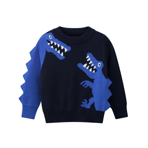 Boys 100% Cotton Knitted Sweater Cartoon Dinosaur Pattern Patchwork Round Neck Long Sleeve Pullover With 3D Spikes Kids Top