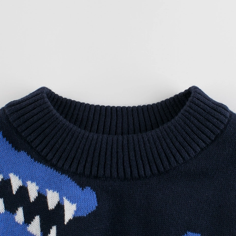 Boys 100% Cotton Knitted Sweater Cartoon Dinosaur Pattern Patchwork Round Neck Long Sleeve Pullover With 3D Spikes Kids Top