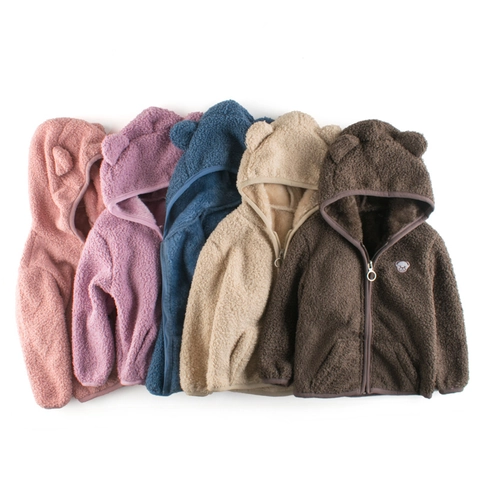 Kids Fleece Hooded Jacket Warm Teddy Velvet Zip Up Coat With Bear Ears Cartoon Embroidery For Toddler Boys Girls Casual