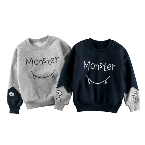 Sweatshirt Monstre Pour Garçons Pull Doublé Polaire Dessin Animé Manches Longues Patchwork Col Rond Mélange Coton Chaud