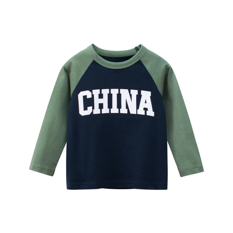 Boys Cotton Long Sleeve Raglan Shirt Contrast Color Letter Print Round Neck Casual Toddler Tee