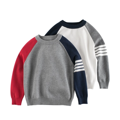 Pull en Maille de Coton pour Garçons Color Block Manches Raglan Pull-over Rayé Col Rond Enfants Automne Printemps Top Décontracté