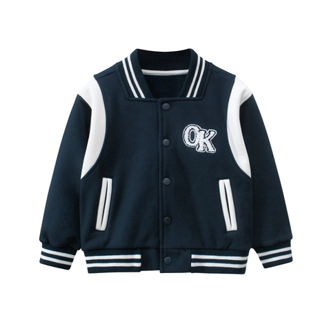 Boys Varsity Jacket Fleece Lined Cotton Blend OK Letter Embroidery Snap Button Color Block Sporty Outerwear Toddler