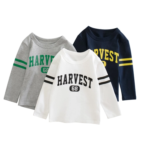 Boys Long Sleeve T-Shirt 100% Cotton American Retro Harvest 68 Letter Print Crew Neck Sporty Casual Kids Spring Autumn Top