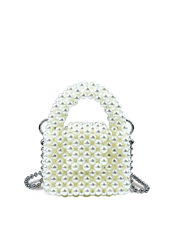 Handmade Beaded Mini Handbag With Pearl Metal Chain Strap Fashion Square Crossbody Bag For Women Party Evening Purse