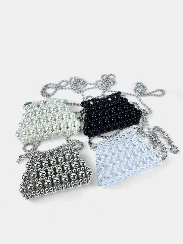 Women's Mini Beaded Crossbody Bag Fashion Metallic Style Niche Handwoven Shell Shaped Evening Party Lipstick Bag With Silver Ball Chain