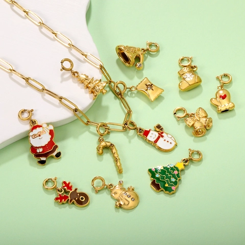 Christmas DIY Pendants Gold Plated Stainless Steel Cartoon Santa Claus Snowman Reindeer Tree Bell Sock Glove Enamel Jewelry Charms Pendant Only (Without Chain)