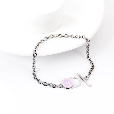 Moda Acero Inoxidable Mariposa Corazón Esmalte Dije Pulsera Pendientes Conjunto Oro Plata Cadena Cierre OT Joyería Para Mujer
