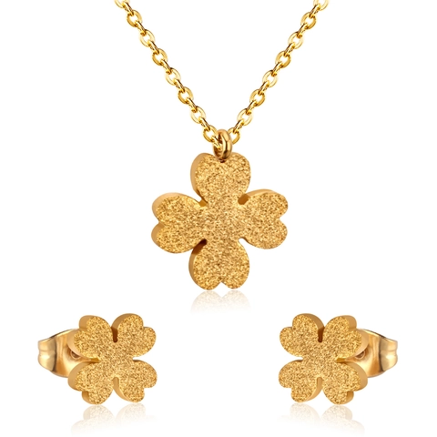 Four Leaf Clover Necklace And Stud Earrings Stainless Steel Frosted Texture Elegant Commuter Jewelry For Women