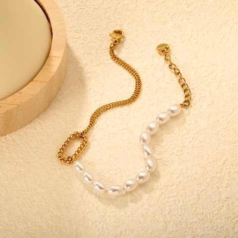 Spliced Armband Edelstahl Kette Und Künstliche Perlenimitat Gedrehter Ring Verstellbar Mode Schmuck Für Damen Elegant
