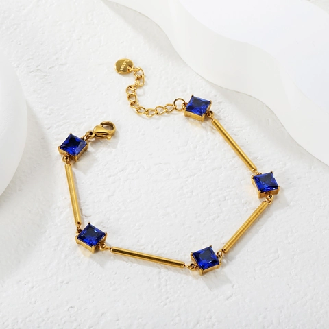 Bracelet Zircon Carré Acier Inoxydable Plaqué Or 18K Géométrique Maillon Bambou Bijoux Ajustables Pour Femmes