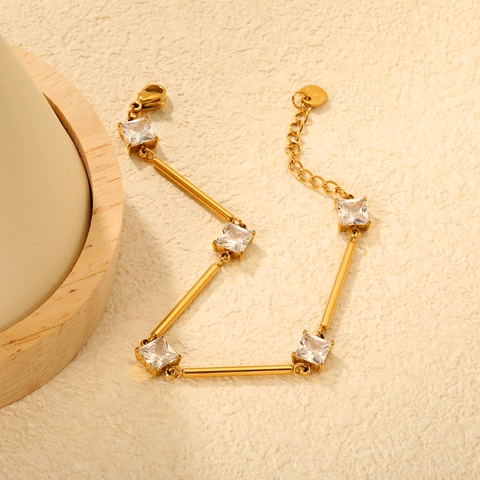 Square Zircon Bracelet Stainless Steel 18K Gold Plated Geometric Bamboo Joint Link Adjustable Jewelry For Women