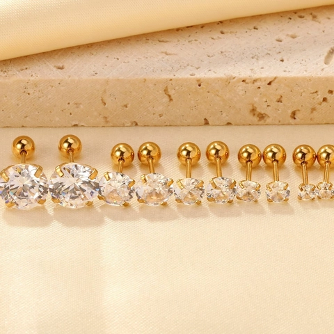Round Cubic Zirconia Stud Earrings Stainless Steel Four Prong Screw Back Ball End Minimalist Piercing Jewelry For Women