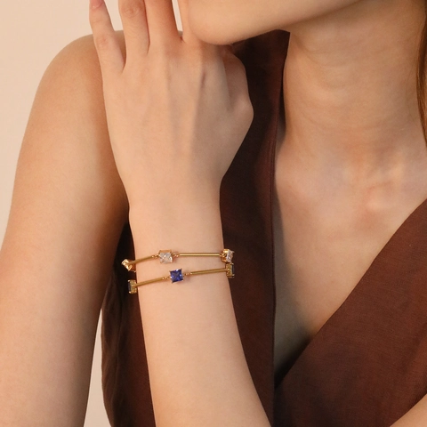 Square Zircon Bracelet Stainless Steel 18K Gold Plated Geometric Bamboo Joint Link Adjustable Jewelry For Women