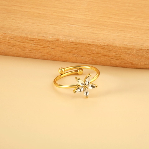 Flower Shape Adjustable Ring Stainless Steel Gold Plated Marquise Zircon Inlaid Sweet Style Open Jewelry For Women