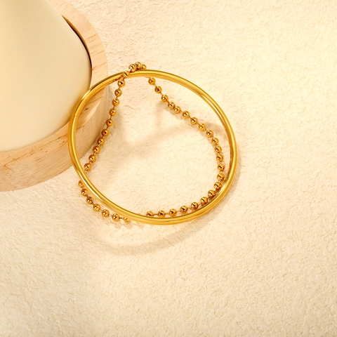 Edelstahl Armreif Doppellagig Glatt 18K Vergoldet Kugelperlenkette Minimalistischer Modeschmuck Für Frauen