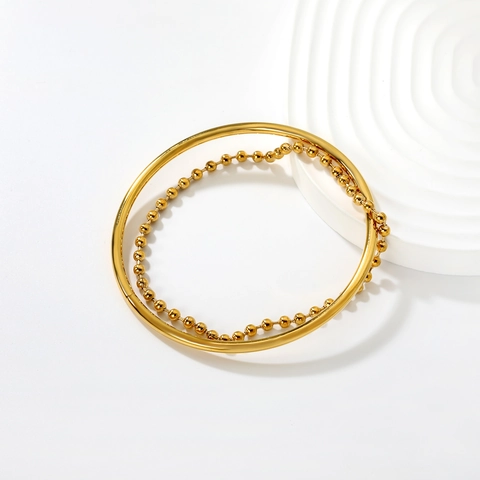 Stainless Steel Double Layer Bead Chain Bracelet Green Gemstone Inlaid Bangle Gold Plated Minimalist Fashion Women Jewelry