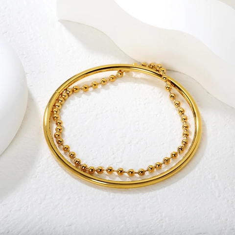 Stainless Steel Double Layer Bead Chain Bracelet Green Gemstone Inlaid Bangle Gold Plated Minimalist Fashion Women Jewelry