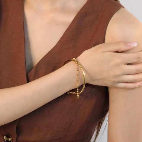 Edelstahl Armreif Doppellagig Glatt 18K Vergoldet Kugelperlenkette Minimalistischer Modeschmuck Für Frauen