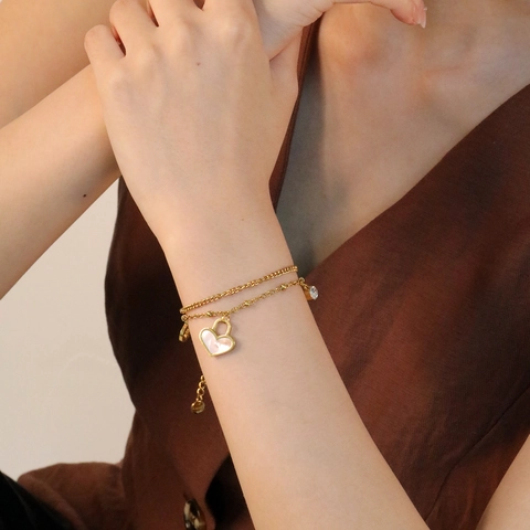 Edelstahl Doppelarmband Damen Mit Weißem Muschel Herzschloss Anhänger Stern Charm Und Rundem Zirkonia