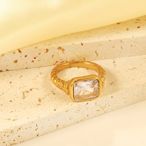 Women Vintage Stainless Steel Rectangular Zirconia Ring 18K Gold Plated Twisted Rope Band Retro Light Luxury Cocktail Gift