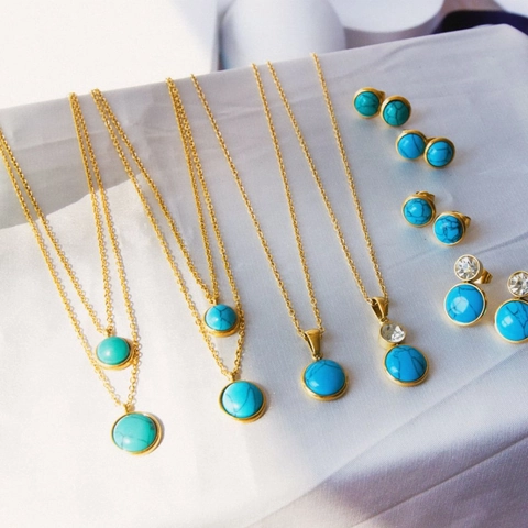 Vintage Stainless Steel Turquoise Jewelry Set For Women Gold Silver Plated Heart Round Floral Necklace Earrings Jewelry Set