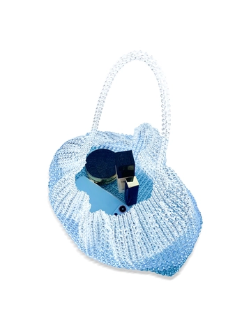 Handmade Beaded Handbag Acrylic Gradient Blue White Woven Tote Bag Summer Beach Vacation Fashion Women Accessory