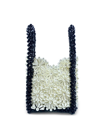 Handmade Beaded Handbag With Faux Artificial Pearl Daisy Flower Pattern Hollow Out Small Square Tote Bag Sweet Vintage For Women