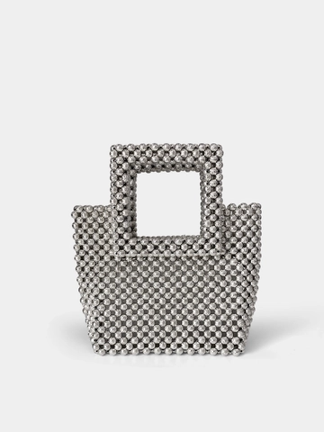 Women Hand Woven Acrylic Beaded Square Bag Silver Metallic Luster Minimalist Lightweight Small Tote Bag For Daily Party Handbag