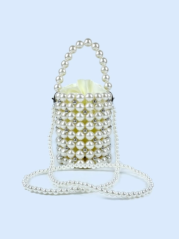 Handmade Artificial Pearl Beaded Bucket Bag With Drawstring Satin Lining And Detachable Artificial Pearl Chain Strap Elegant French Handbag