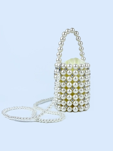 Handmade Artificial Pearl Beaded Bucket Bag With Drawstring Satin Lining And Detachable Artificial Pearl Chain Strap Elegant French Handbag