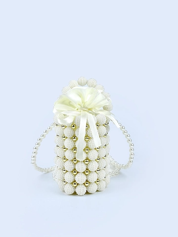 Damen Elegant Künstliche Perlen Künstliche Perlenbeutel Eimertasche Satin Kordelzug Futter Umhängetasche Für Abendparty Hochzeit Kleine Handtasche