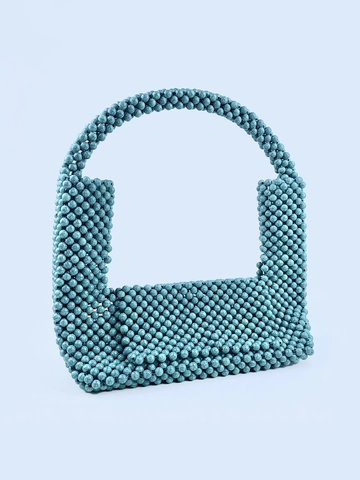 Handmade Beaded Handbag Retro Turquoise Marble Texture Plastic Beads Woven Flap Tote Bag For Women Summer Vacation