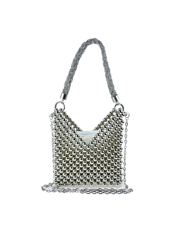 Women Vintage Silver Beaded Handbag Hand-Woven Small Square Shoulder Bag With Metal Chain Strap Rhinestone Embellishment Evening Party Bag