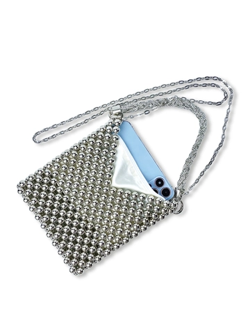 Women Vintage Silver Beaded Handbag Hand-Woven Small Square Shoulder Bag With Metal Chain Strap Rhinestone Embellishment Evening Party Bag