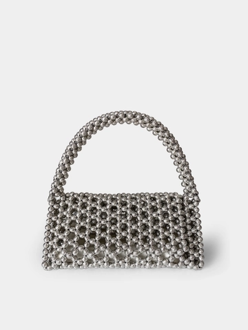 Sac à Main Perlé Argenté pour Femmes Tissé à la Main Éclat Métallique Triangle Ajouré Rabat Sac de Soirée Avec Doublure