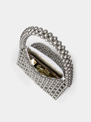 Sac à Main Perlé Argenté pour Femmes Tissé à la Main Éclat Métallique Triangle Ajouré Rabat Sac de Soirée Avec Doublure