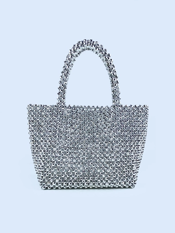 Handgewebte Perlen Handtasche Silber Metallische Kunststoffperlen Shopper Damen Elegant Abendparty Chic Handgefertigt