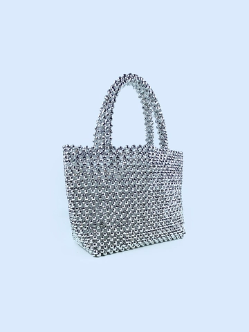 Handgewebte Perlen Handtasche Silber Metallische Kunststoffperlen Shopper Damen Elegant Abendparty Chic Handgefertigt
