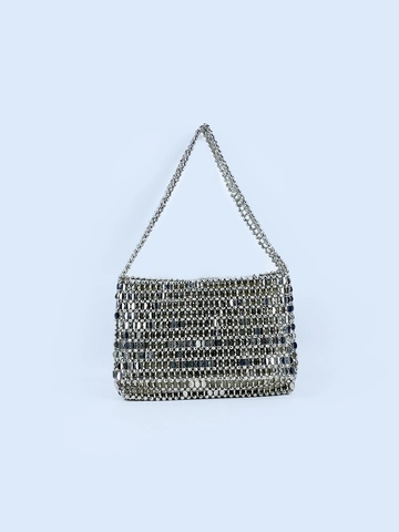 Silver Metallic Sequin Shoulder Bag Hand Woven Underarm Bag Retro Disco Party Evening Large Handbag For Women