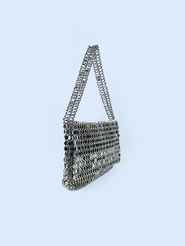Silver Metallic Sequin Shoulder Bag Hand Woven Underarm Bag Retro Disco Party Evening Large Handbag For Women