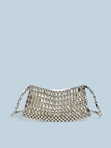 Bolso Bandolera De Cuentas De Metal Plateado Tejido A Mano Lentejuelas Bolso De Noche Con Cadena Retro Brillante Para Mujer