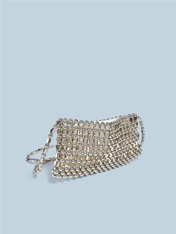 Bolso Bandolera De Cuentas De Metal Plateado Tejido A Mano Lentejuelas Bolso De Noche Con Cadena Retro Brillante Para Mujer