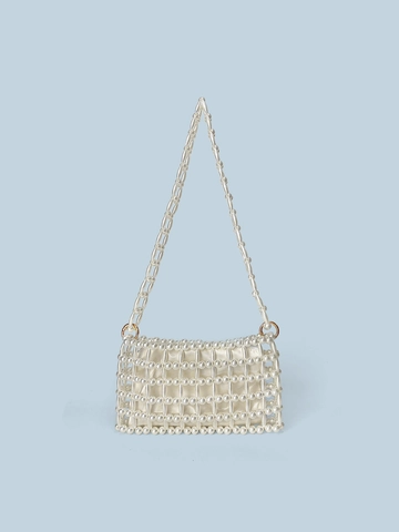 Women Handmade Beaded Artificial Pearl Crossbody Bag Hollow Woven Square Handbag With Satin Lining Elegant Dinner Wedding Clutch